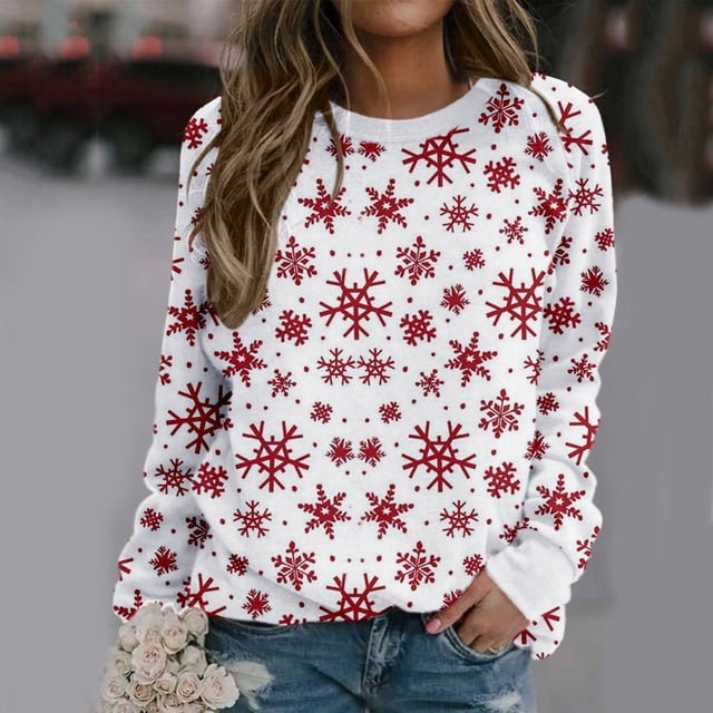 Mode Noël Femmes Imprimé Manches Longues Confortable Respirant Col Rond Chemise Hauts