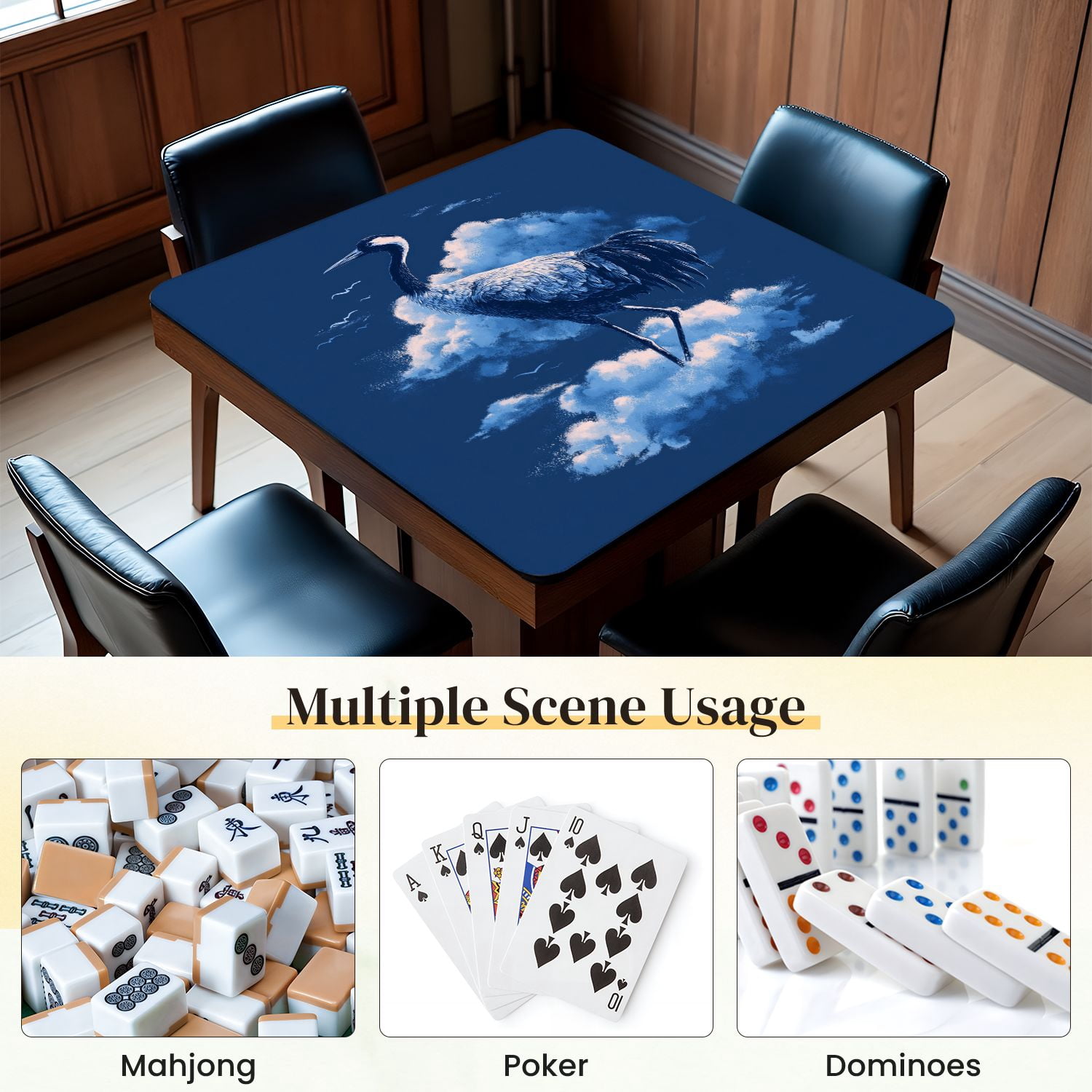 Chinoiserie Mahjong Mat 31.5" x 31.5" Serene Crane Cloud Deep Blue Gradient Non-Slip Noise Reduction Mahjong Tiles Table Cover for Dominoes Poker Card Board and Tile Games