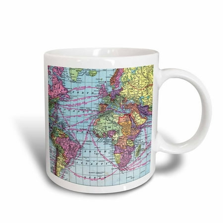 3dRose Colorful Vintage World Map - distance calculations between countries on lines - south america africa - Ceramic Mug, 15-ounce