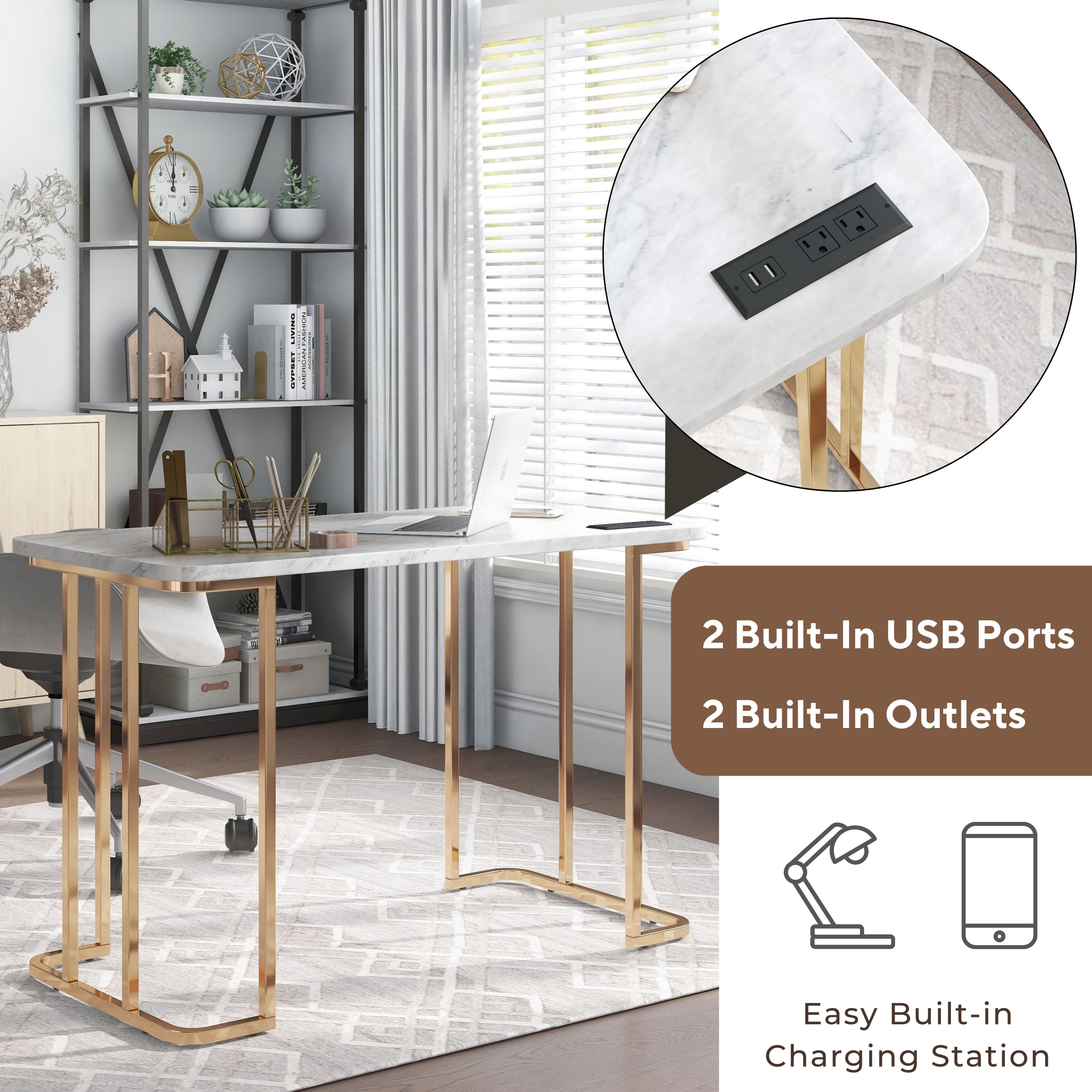 Furniture of America Vagarra Writing Desk with USB, White and Gold