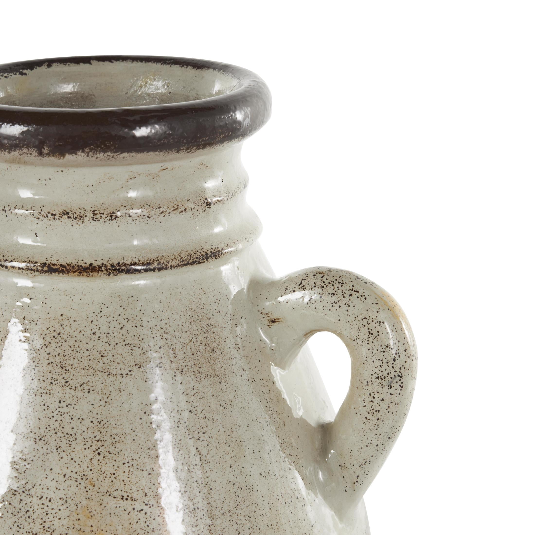 DecMode 14" Antique Amphora Cream Ceramic Vase with Speckled Texturing and Yellow and Brown Accents