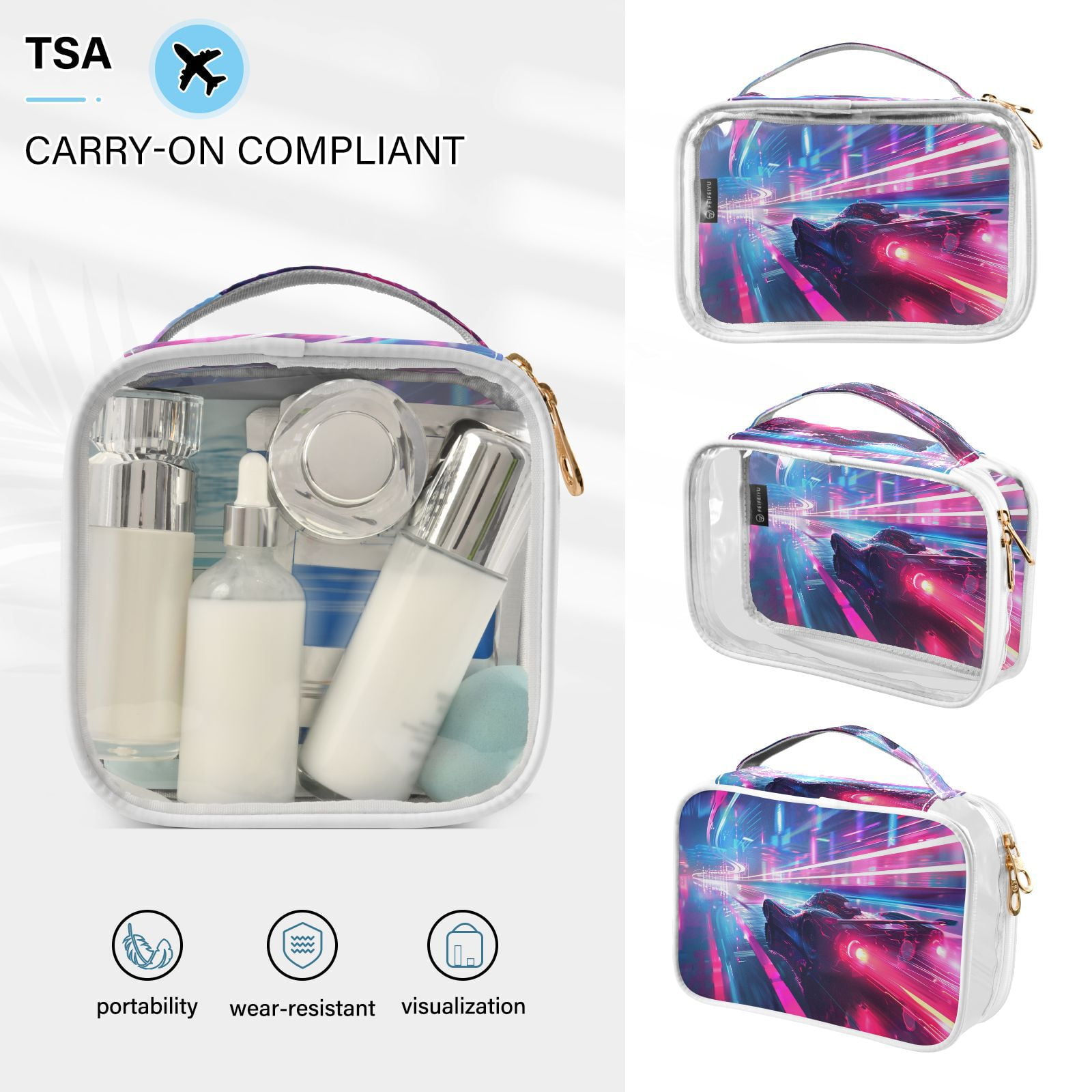 Clear Makeup Bags with Handle Large Opening 2 Pack Set Toiletry Bag Quart Size Bag, for Women Man Traveling Travel Essentials, Toiletries and Other. Neon Racing