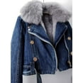 thumbnail image 3 of Women's Long-Sleeve Short Winter Dark Blue Denim Jacket - Removable Faux Fur Collar & Cuffs, Zipper, Warm Thickened Coat, S, 3 of 9