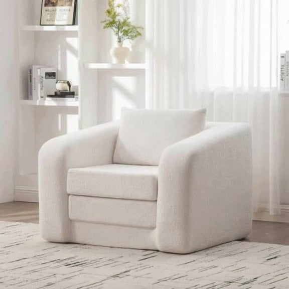Sofa Bed, Floor Couch, Sleeper Foldable Single with Armrest and Accent Pillow, Ivory Chenille Cloud Chair, High-Density Foam, Waterproof Bottom for Apartment, Living Room, Guest Room