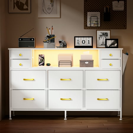 Bedroom Dresser in White, 10-Drawer Dresser for Bedroom, Bedroom TV Stand Featuring LED Lights & Power Outlets, Dresser TV Stand Compatible with 55" TVs, Fabric Dresser with Leather-Front, White ﻿