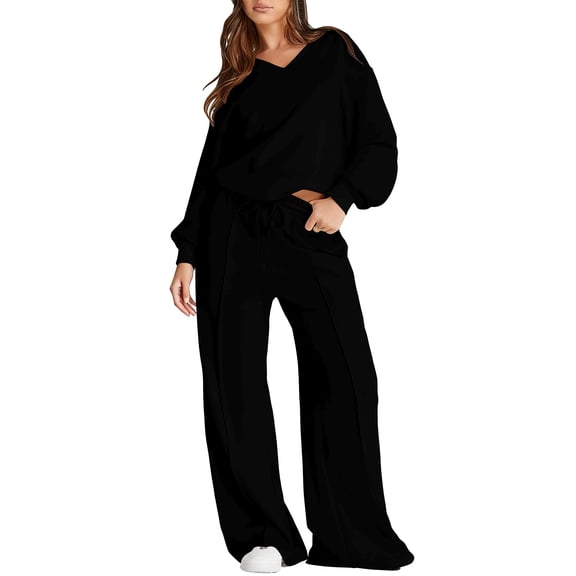 Sweatshirt Sets Women 2 Piece Outfits, Hugcore Women's Casual Winter Two Piece Sets for Women Long Sleeve Solid Color Commuting Pants Suit for Women Winter Clothing for Women Black, L
