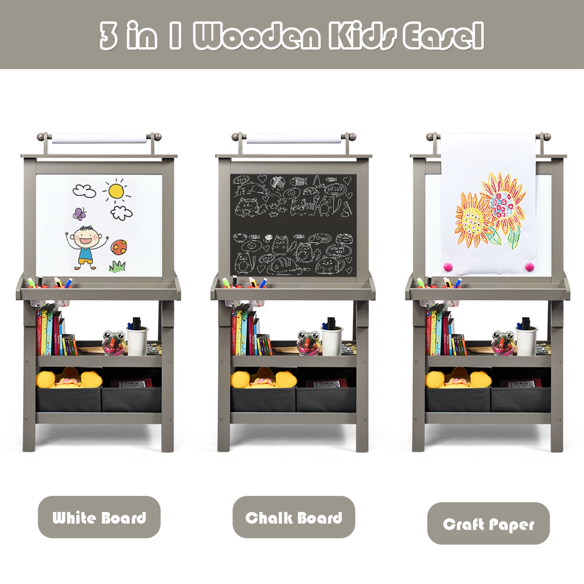 Costway 3 in 1 Double-Sided Wooden Kid's Art Easel Whiteboard Grey