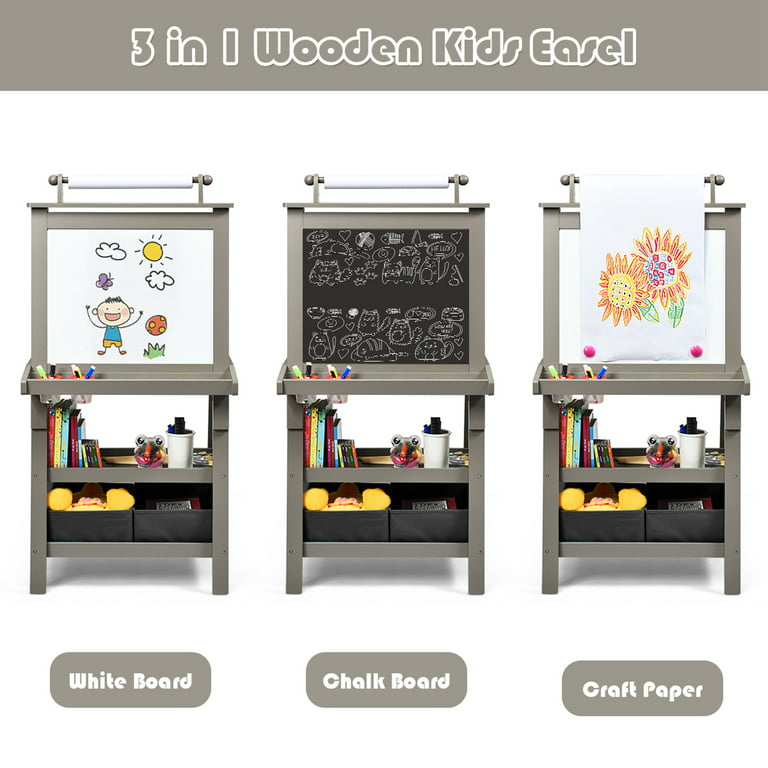 KRAND Wooden Art Easel for Kids with All-in-One Art Supplies Package Easel  Set with Double Sided Chalkboard & Whiteboard for Toddlers 2-4 4-8 Years