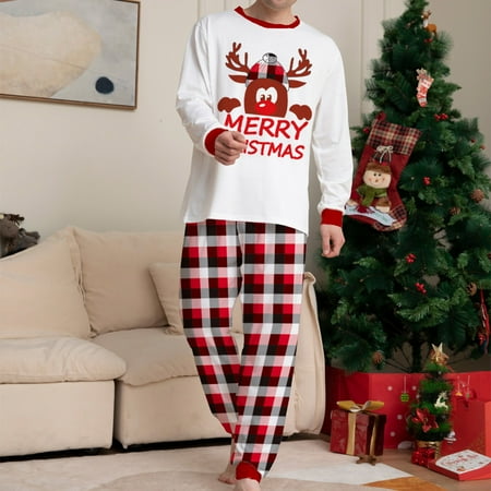 

Uorcsa Cute Pajamas Home Plaid Print Christmas Comfy Dad Two-piece Parent-child clothing White