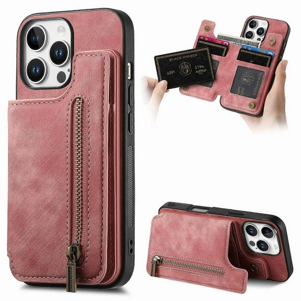 For iPhone 16 Pro Max Case with Zipper Card Holder Leather+TPU Phone Cover - Pink