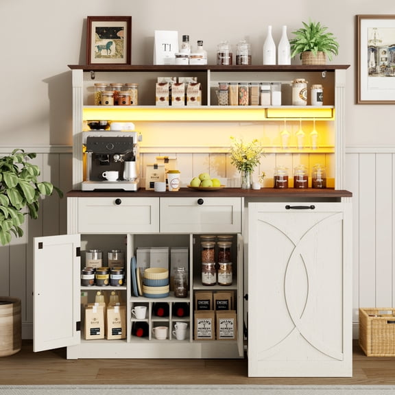 Blotout 55"Wide Kitchen Pantry Cabinet with LED Lights,Charging Station,2 Drawers,Open Shelves