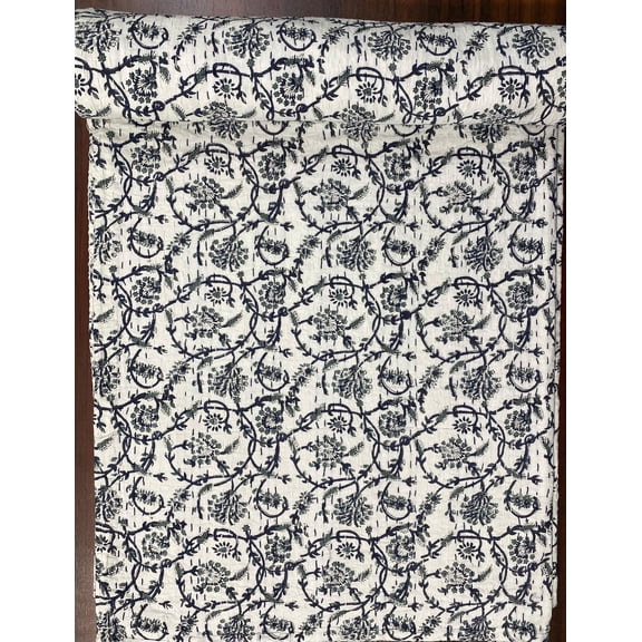 Blue Floral Block Print Indian Kantha Quilt Handmade 100% Pure Cotton Bedspread, Lightweight Hand Stitched Boho Bedding