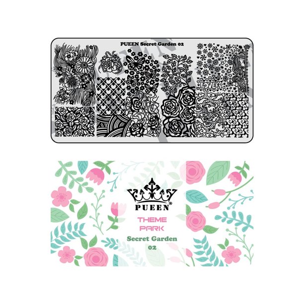 PUEEN Placa de estampado para decoración de uñas - Jardín Secreto 02 - Colección de parques temáticos 125x65 mm Kit único de accesorios para placas de imagen de manicura con estampado de esmalte de uñ