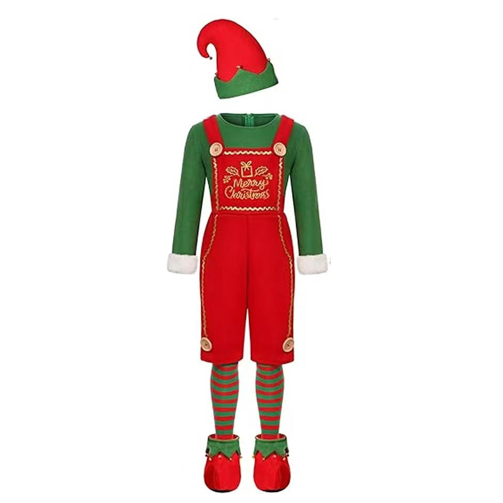 DHFJKG Mens Christmas Elf Dress Up Outfits 2 In 1 Onesies With Hat Striped Socks Shoes 4 Piece Sets Party Wear For Festive Celebrations Cozy Outfit