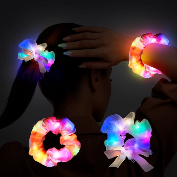 Light up Scrunchies for Girls, 2 Pcs Ponytail Holder- Glow in The Dark Scrunchies, Light up Hair Accessories(Pink)