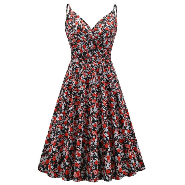 HKEJIAOI Robes Décontractées en Solde Robe Florale pour Femmes Rétro Été Décontractée Imprimé Floral Sans Manches Mode Col en V Robe de Soirée Rouge