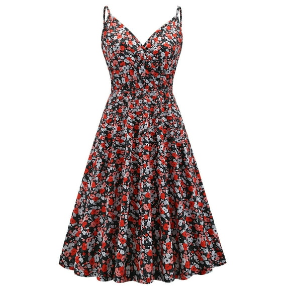 IROINNID Women's Retro Summer Casual Floral Sleeveless Fashion V-Neck Party Dress A-Line Prints Dress