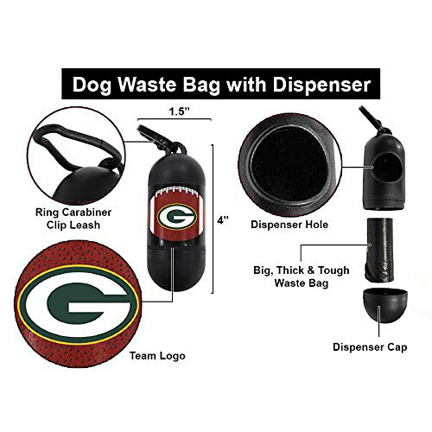 NFL GREEN BAY PACKERS Durable LICENSED Poop Waste Bag Dispenser & Leash Clip with 45 Premium Dog Waste Bags