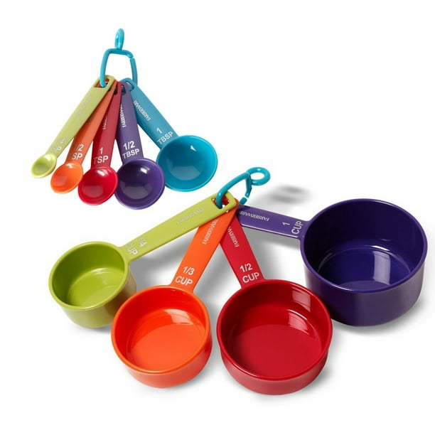 Juego de tazas y cucharas medidoras Farberware de plástico colorido de 9 piezas