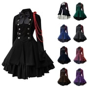 Uaswgudfs Women Girls Gothic Dress Long Sleeve Multi Layers Classic Steampunk Dress Vintage Renaissance Clothing, Black S