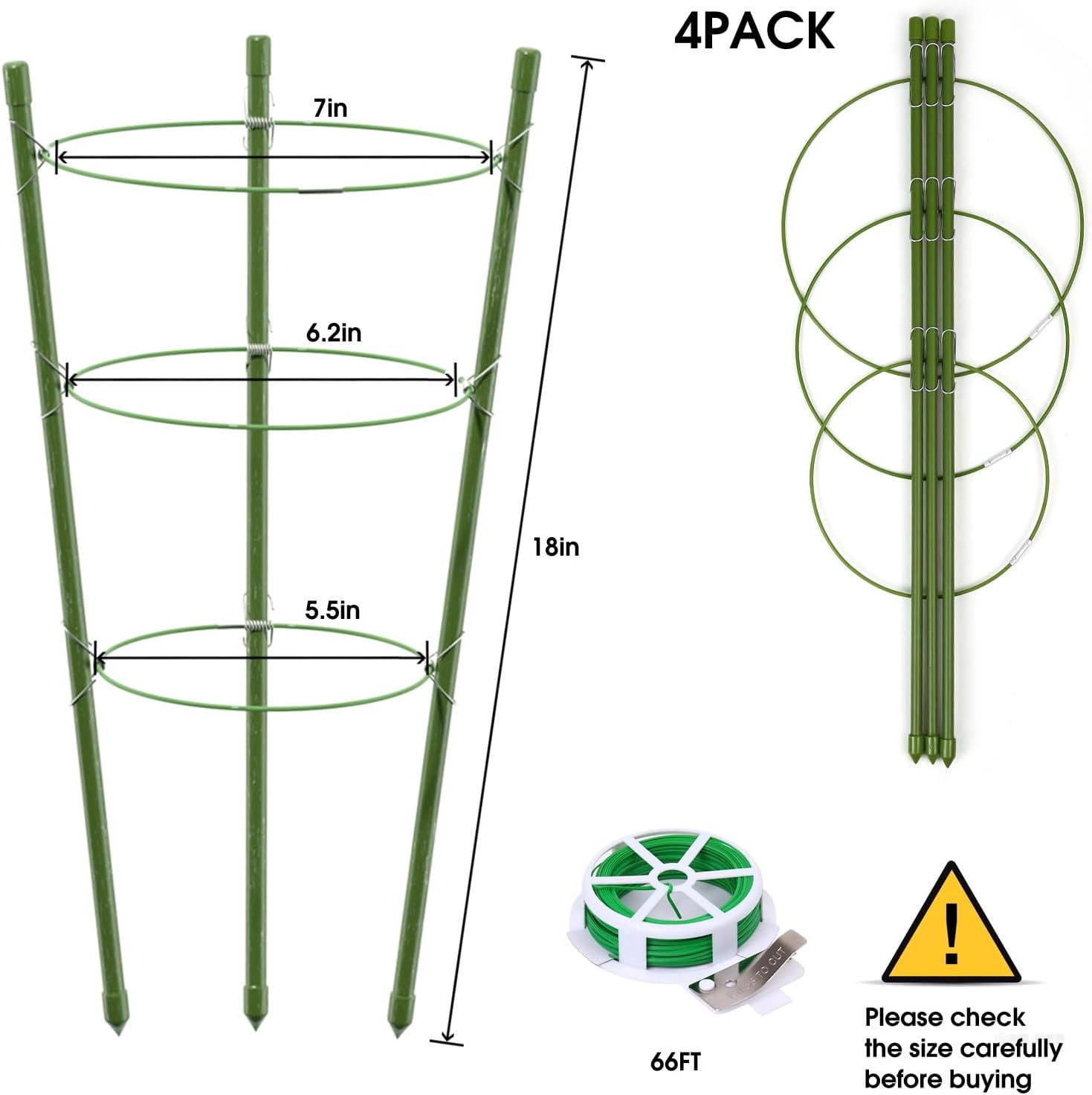4 Pack Plant Support Tomato Cages for Garden, 18 Inches Small Tomato Cages and Supports with Adjustable Rings for Garden Pots, Plant Stakes Tomato Trellis Rings for Climbing Plants
