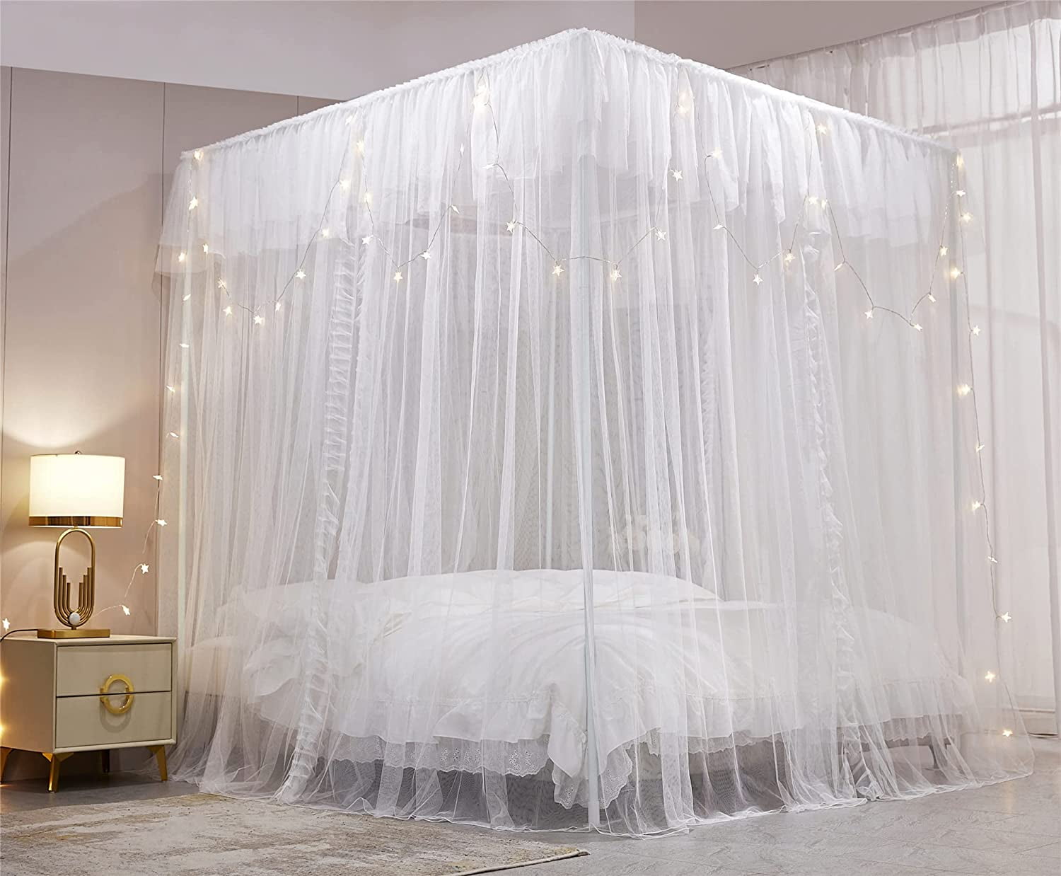 4 Corners Post Ruffle Princess Bed Canopy Curtain-Double Layer Cozy Drape Netting 4 Opening Mosquito Net for Girls Adults Bedroom Decoration (White/White, 53" W*78" L*82"*H/(Full))