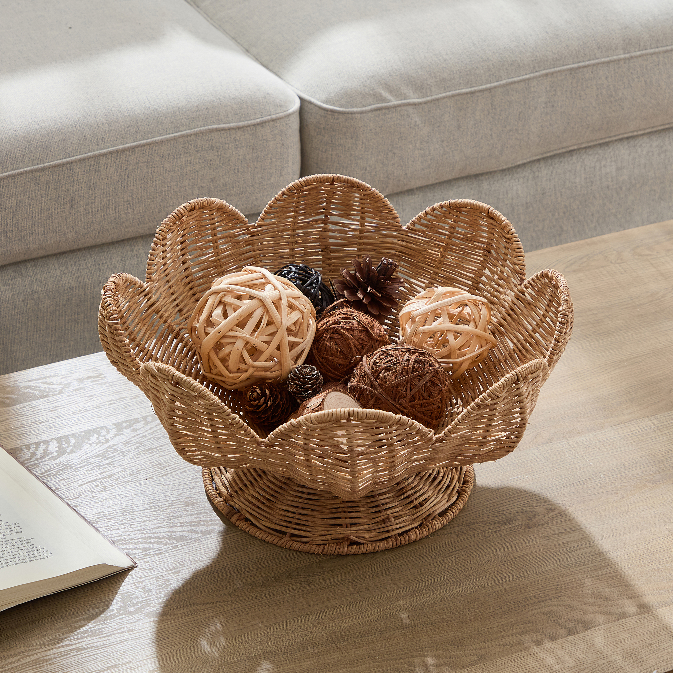 Home Decor Collection Woven Rattan Bowl with Scalloped Edges, 13.5 Inches