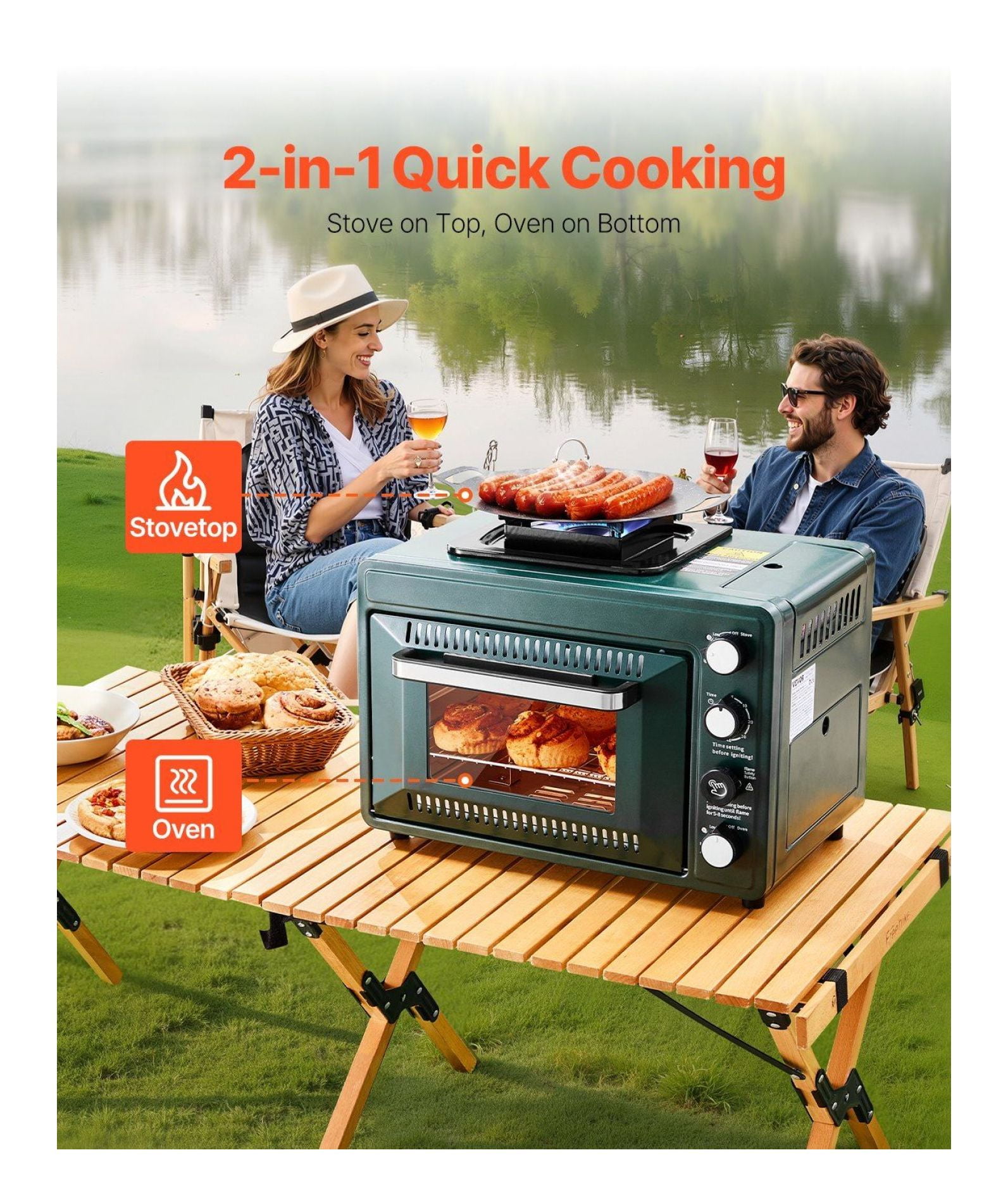 2-in-1 Portable Gas Camping Stove with Oven, Windproof, 0-60 Min Timer, Outdoor Cooking