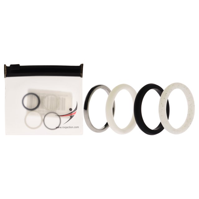 Juego de anillos gemelos de boda de silicona de 2 mm - Negro-Blanco de ROQ para mujer - Anillo de 4 x 5 mm