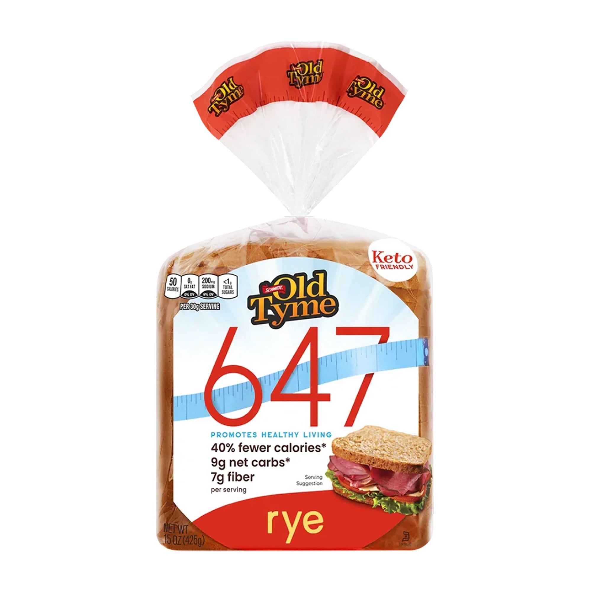 Schmidt Old Tyme 647 Rye Bread Loaf - Keto-Friendly, 9g Net Carbs, 40% Fewer Calories, 7g Fiber - 15 oz