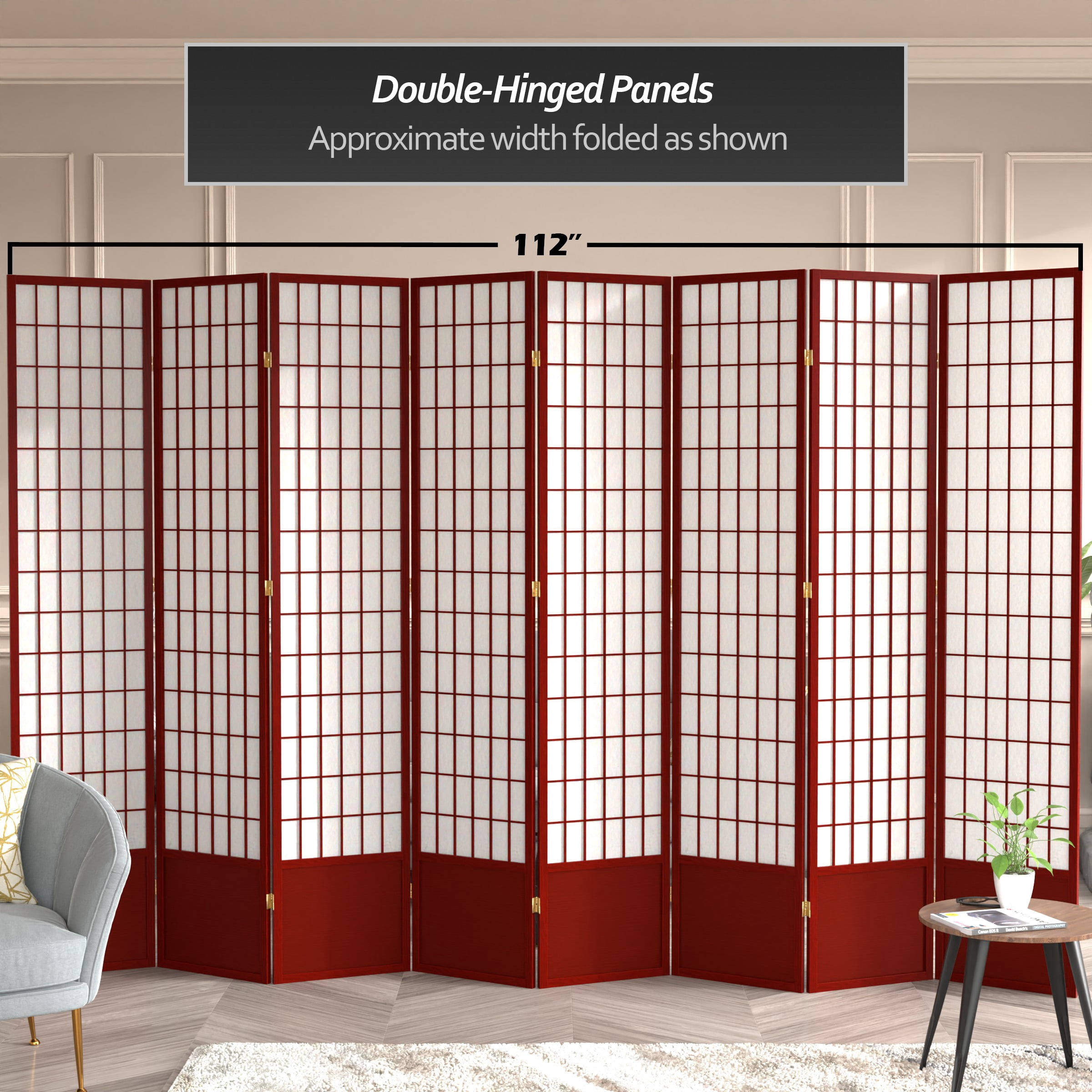 Red Lantern 7 ft. Tall Window Pane Shoji Screen - Rosewood - 8 Panels