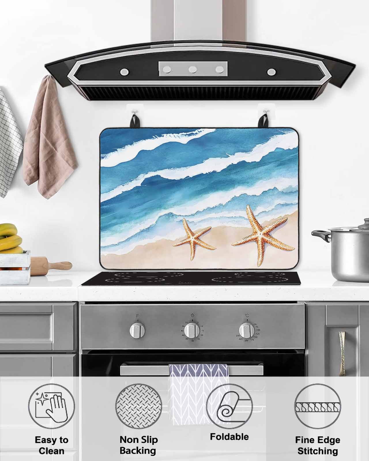 nqOlkjepod Large Induction Cooktop Protector Mat 24"x21", Blue Coastal Stove Top Covers for Electric Stove, Summer Beach Waves Nautical Starfish Stove Burner Cover Mats, Glass Top Stove Cover