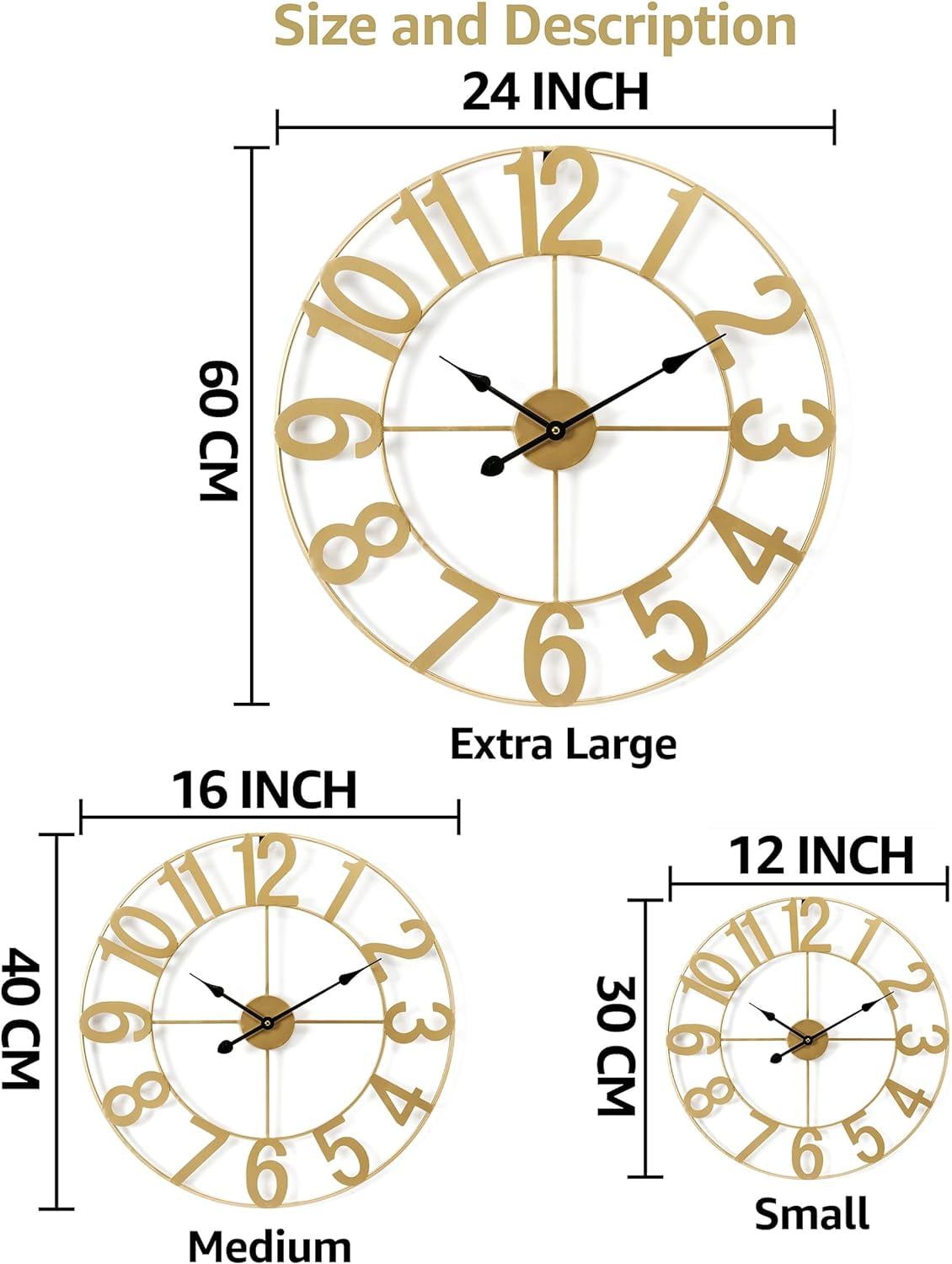 Sorbus Large Metal Numerical Wall Clock for Living Room Decor (Gold, 24" Diameter)