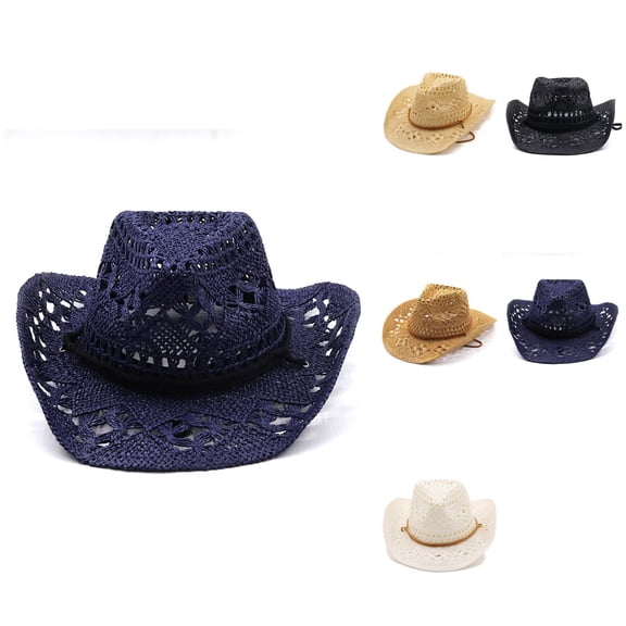 Women's Men's Western Cowboy Summer Hat, Shapeable Straw Sun Hat with Hollowed Out Brim & Adjustable Neck String for Beach