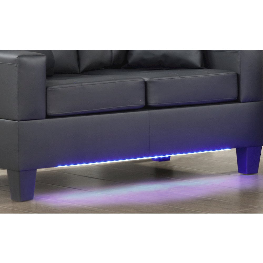 Genesis 55.5"W Black PVC Fabric Loveseat with LED Lights+USB+Tufted Cushions