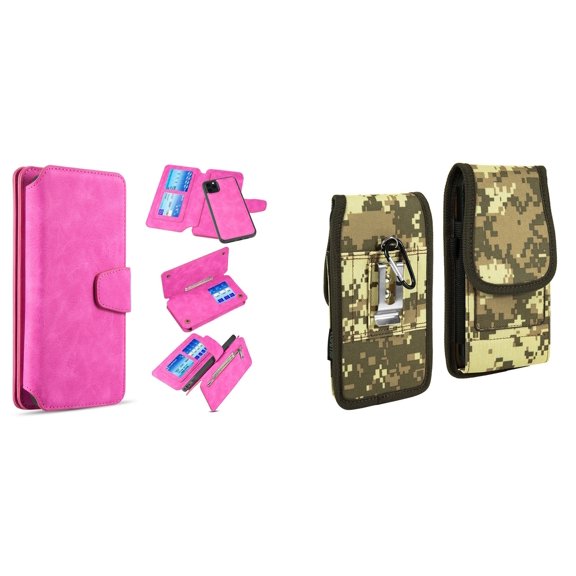 Clutch Wallet Detachable Case and Belt Holster Pouch for iPhone 14 Plus (Hot Pink/ACU)