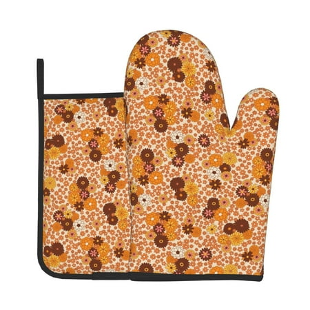 

Xecao Hippie Ditsy Floral Pattern Oven Mitts and Pot Holders Sets Heat Resistant Silicone Oven Mittens Extra Thicken Long Kitchen Cotton Oven Glove for Cooking