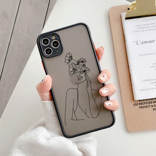 Line Art Sketch Flower Girl Funda protectora para teléfono para iPhone 12 11 13 14 Pro MAX X XS XR SE 2 6s 7 8 Plus Funda dura translúcida Tan Jianjun unisex