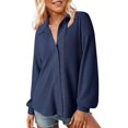 thumbnail image 2 of Women's Openwork Lapel Shirt, Long Sleeve Button Down Blouse, Breathable Loose Fit Top, Cutout Detail Casual Shirt, Woven Fabric Tunic Style Top Navy XXL, 2 of 5