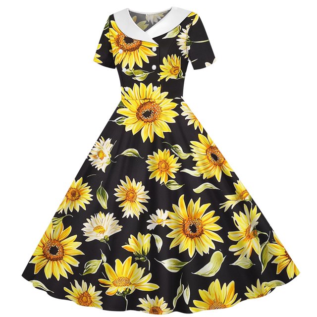 Zpanxa Robes d'Été pour Filles Imprimé Dégradé Manches Courtes Col Rabattu Taille Bouton Robe de Danse Polyester Spandex Noir 7 Ans