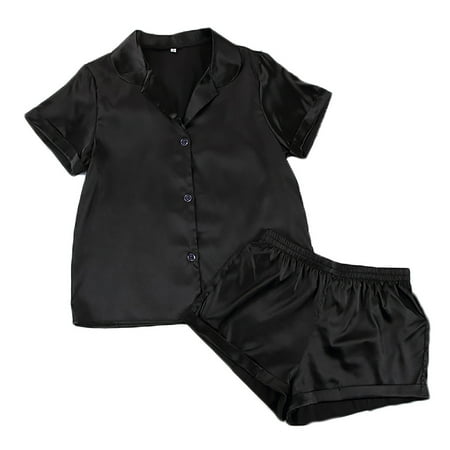 

Silk Pajamas Womens Short Sleeve Sleepwear Soft Satin Button Down Loungewear 2 Piece Pjs Shorts Set for Women