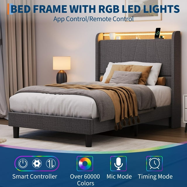 GloryStar Modern Platform Bed Frame with Built-In Charging Station & RGB LED Lights, Upholstered Headboard on Wooden Slats, No Box Spring Needed, Easy Assembly