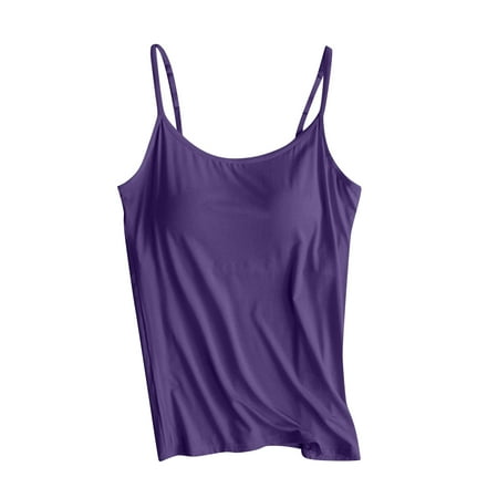 KIHOUT New Womens Round Neck Top Clearance Plus Size Camisole with Built in Bra  Adjustable Spaghetti Strap Cami Tanks Basic Padded Layering Yoga Top Pajamas (Purple S-4XL)