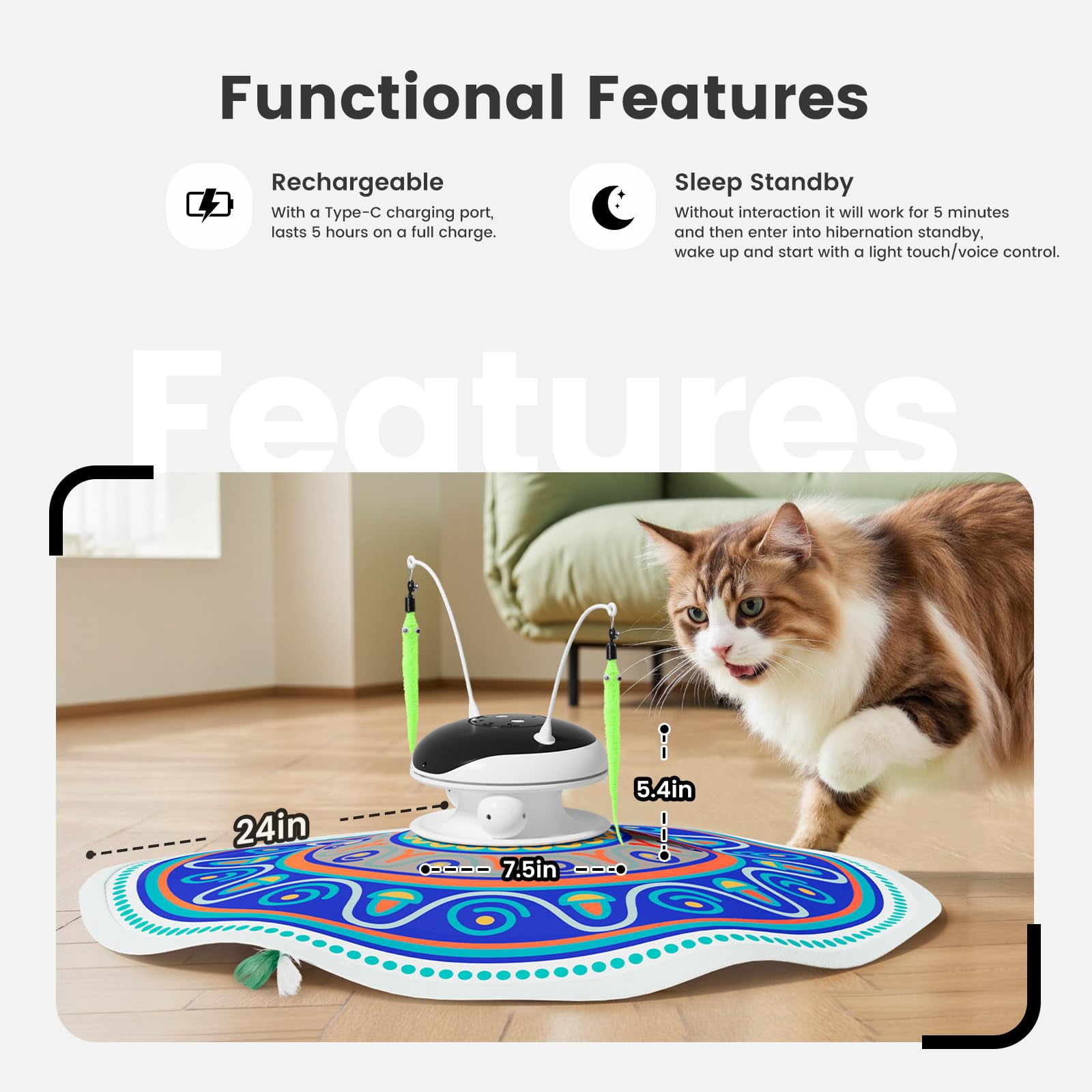 Cat Toys Chargeable 5in1 And Seek Automatic Interactive  Chirping Moving Ambush Track Balls Indoor Exercise Kicker 24 Inch Cover For All Breeds Boho Style - Blue