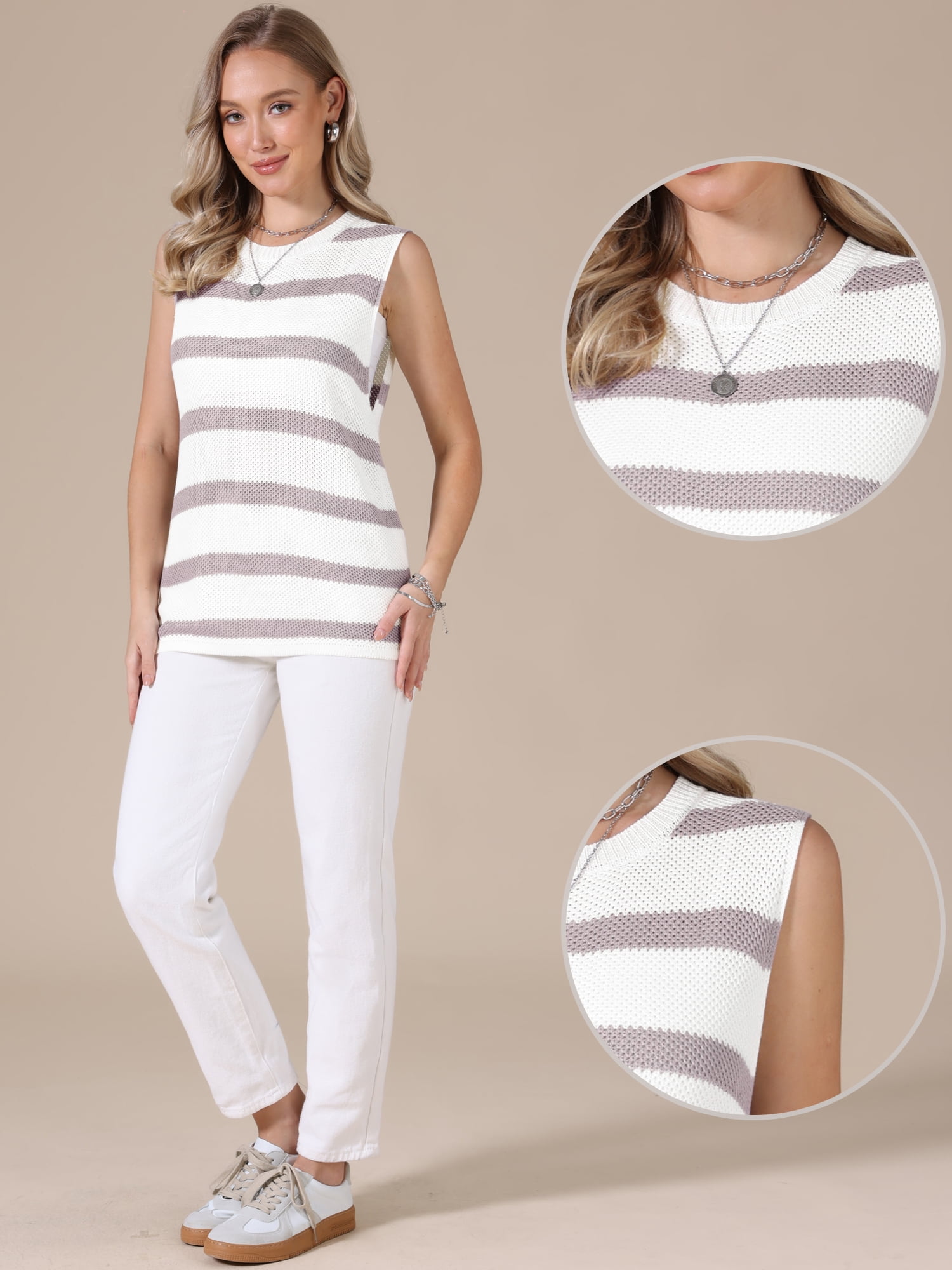 DARING DIVA Women's Crochet Tank Top Stripe Sleeveless Hollow Out Vest M Khaki White