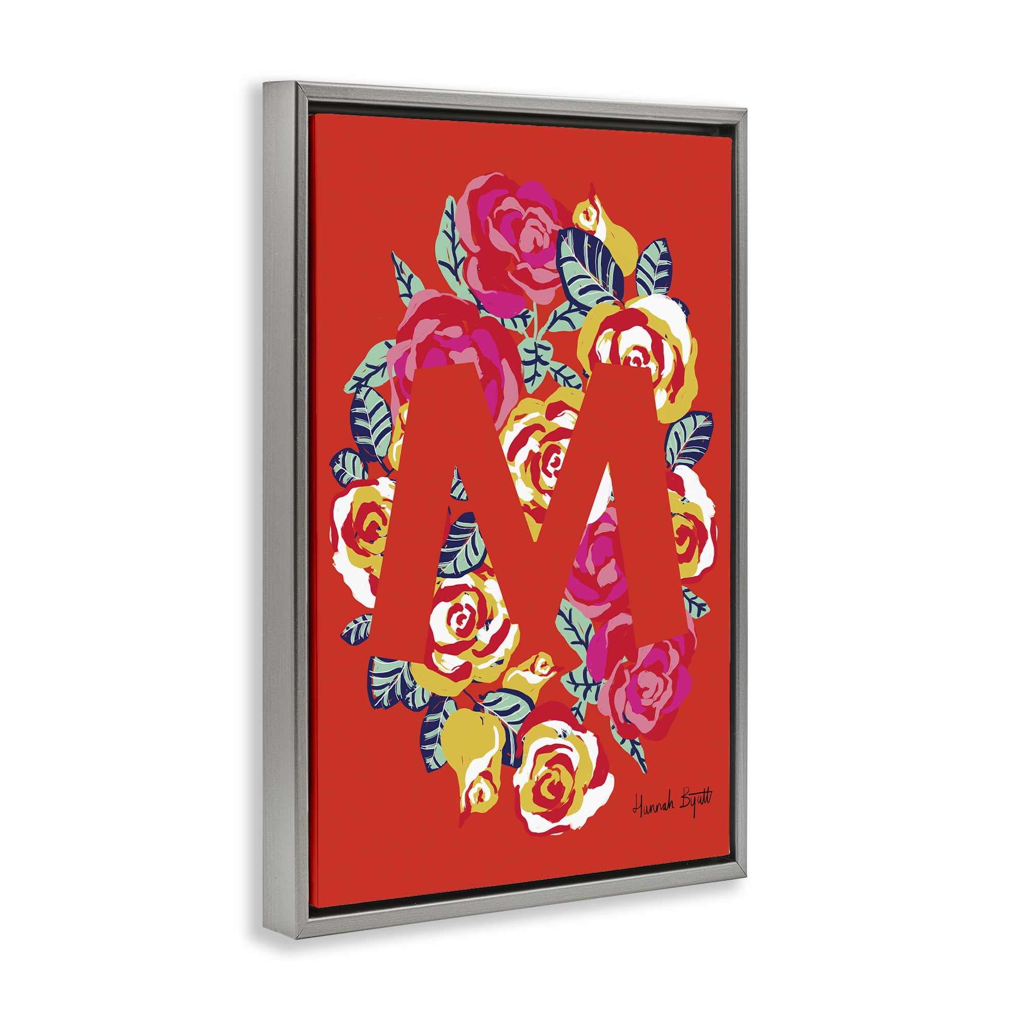 Stupell Industries Floral Bloom Letter M Botanical & Floral Painting Gray Floater Framed Art Print Wall Art, 17 x 25