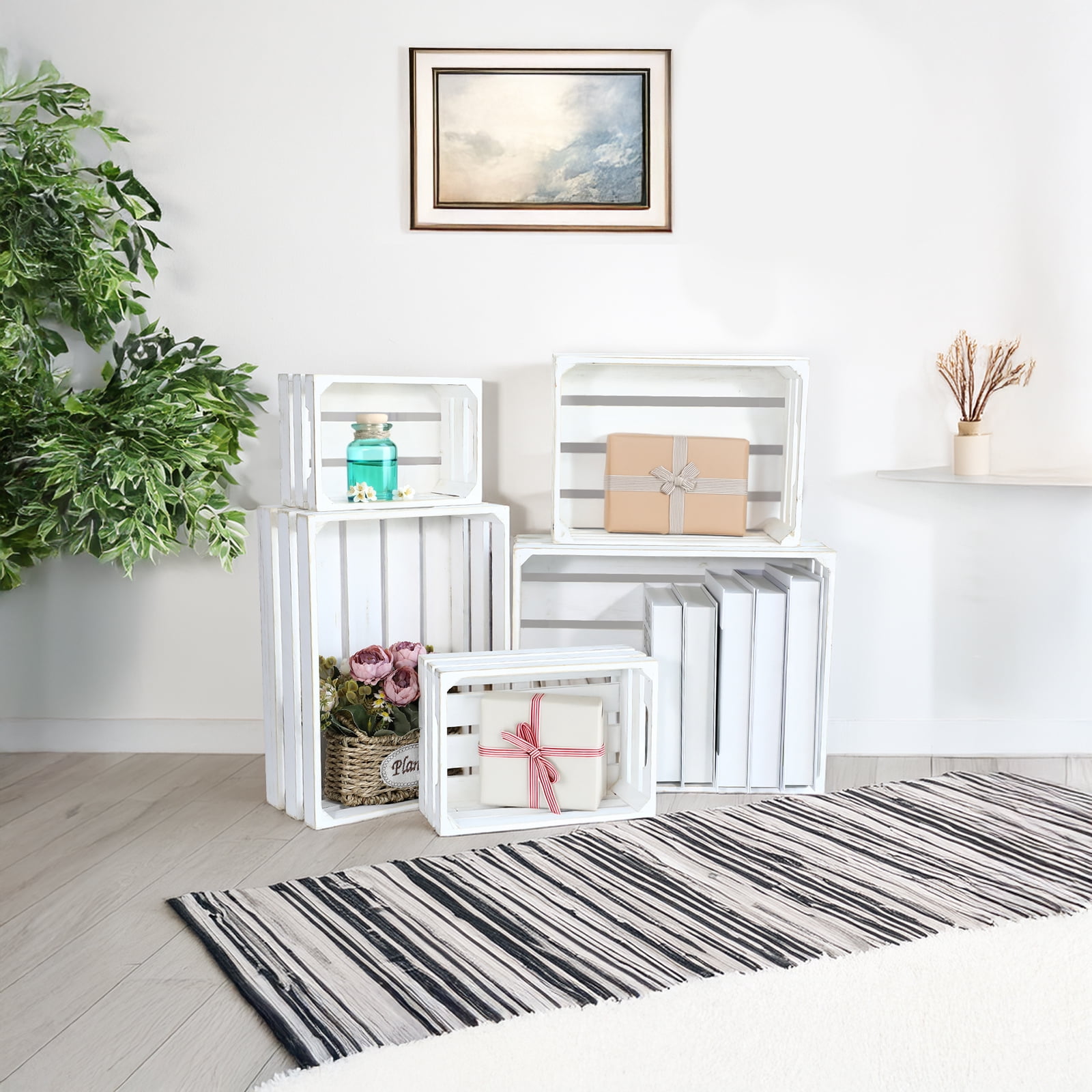 MODE HOME Large Wooden Crates, Set of 5 Wood Crates with Handles, Rustic Whitewashed Farmhouse Wooden Crate for Display, Wedding Birthday Home Party Living Room Kitchen Decoration