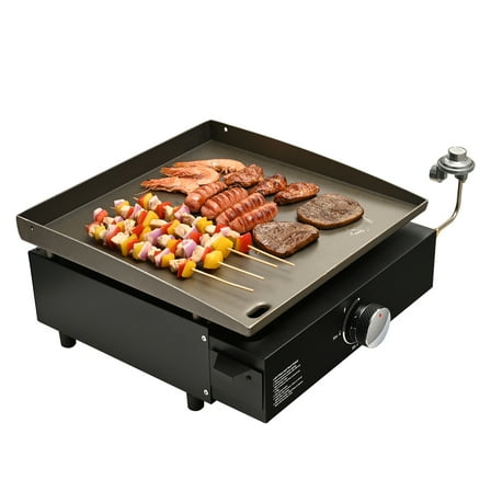 KFFKFF Portable 17-Inch Propane Gas Griddle with Single Burner, Oil Drain Hole, and Collection Tray, 13000 BTU Flat Top Grill for Outdoor Cooking and Tailgating