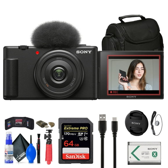 Sony ZV-1F Vlogging Camera (Black) (ZV1F/B) + Case + 64GB Card + Tripod + More