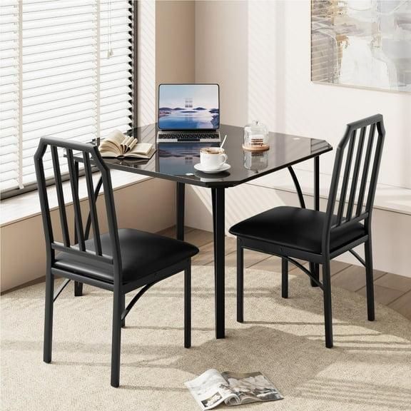 Dining Table Set for 2, Kitchen Table Chairs Set of 2 with Ultra Comfortable PU Cushion, Dining Room Table Set for 2 Furniture with Kitchen Chairs Suitable for Small Space - Black Glass